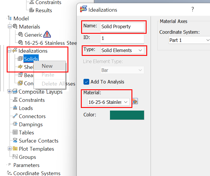 새로운 사용자 이상화 모델 (솔리드)의 속성 지정 