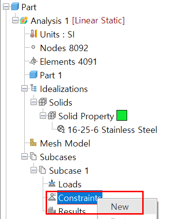 Subcase 1 해석에서 구속조건 생성

(더불어 Model 트리에도 이 구속 조건이 추가되어 다른 Subcase에도 적용 가능)