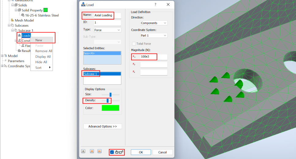 하중을 생성하기 위한 조건 입력
