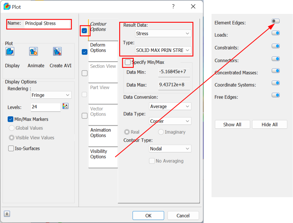 응력 결과에서 최대 주 응력으로 결과 유형을 변경