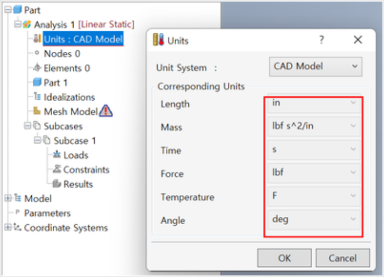 Inventor Nastran 환경에서 단위계 변경