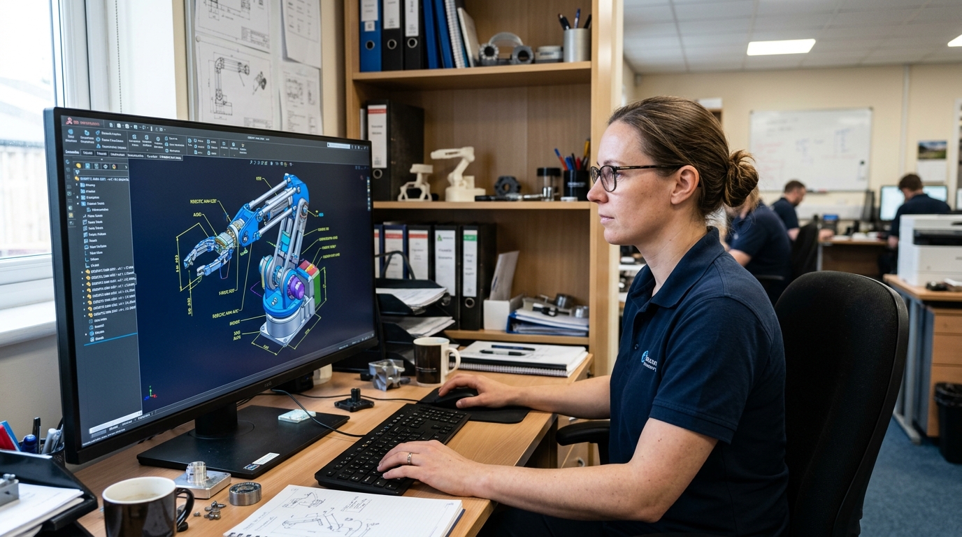 3D CAD 어셈블리 모델을 검토하는 설계 담당자